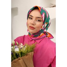 Silk Home Pembe-Yeşil Geometrik Yaprak Desen Tivil Ipek Eşarp 11407-01