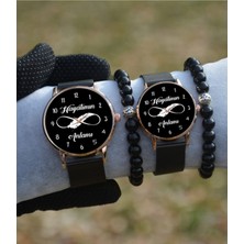 Stony Çift Saatleri Kadın Erkek Sevgili Çift Kol Saatleri Bileklik Hediyeli Siyah Hasır Kordon