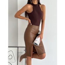 Ozy Fashion Yüksek Bel,içi Şardonlu,yırtmaçlı,beli Fermuarlı, Kalem Deri Etek Y0039
