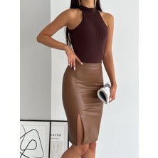Ozy Fashion Yüksek Bel,içi Şardonlu,yırtmaçlı,beli Fermuarlı, Kalem Deri Etek Y0039