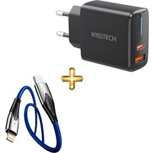 Rosstech 20W Pd Hızlı Şarj Adaptörü + Usb-C To Lightning LED Hızlı Şarj Kablosu Seti