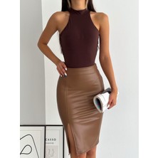 Ozy Fashion Yüksek Bel,içi Şardonlu,yırtmaçlı,beli Fermuarlı, Kalem Deri Etek Y0039