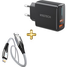 Rosstech 20W Pd Hızlı Şarj Adaptörü + Lightning To USB LED Işıklı Hızlı Şarj Kablosu Seti