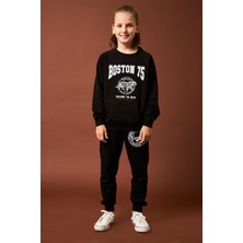 Perendi Boston Baskılı Erkek Çocuk Sweatshirt Siyah