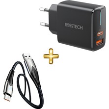 Rosstech 20W Pd Hızlı Şarj Adaptörü + Type-C To USB LED Işıklı Hızlı Şarj Kablosu Seti