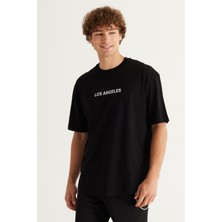 Altınyıldız Classics Erkek Siyah Oversize Fit %100 Pamuk Bol Kesim Bisiklet Yaka Los Angeles Baskılı Tişört