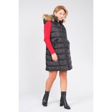 Giyim Dünyası Kadın Kapüşonlu Uzun Şişme Yelek Siyah