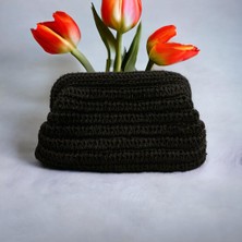 Craftatelier El Yapımı Siyah Renk Hasır Görünümlü Kağıt Ip Clutch Çanta