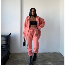 Amor Face Özel Tasarım Kapüşonlu Tam Fermuarlı 3 Iplik Şardonlu  Pamuk Kışlık Şık Kadın Eşofman Takımı