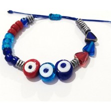 Funny Takı El Yapımı Lacivert Mavi Kırmızı Nazar Boncuklu ve Üçgen Cam Boncuklu Hematit Taşlı Bileklik