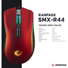 Rampage SMX-R44 Makrolu 6400DPI RGB Ledli Oyuncu Mouse - Kırmızı