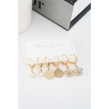 By Zeyna Aksesuar Kadın Zirkon Taşlı Sallantılı Çiçek Figürlü Klipsli 6'lı Küpe Seti