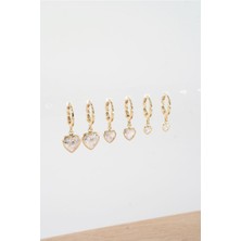 By Zeyna Aksesuar Kadın Zirkon Taşlı Sallantılı Kalp Figürlü Klipsli 6'lı Küpe Seti