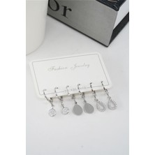 By Zeyna Aksesuar Kadın Zirkon Taşlı Sallantılı Damla Figürlü Klipsli 6'lı Küpe Seti