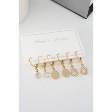 By Zeyna Aksesuar Kadın Zirkon Taşlı Sallantılı Damla Figürlü Klipsli 6'lı Küpe Seti