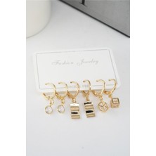 By Zeyna Aksesuar Kadın Zirkon Taşlı Sallantılı Kare Figürlü Klipsli 6'lı Küpe Seti