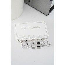 By Zeyna Aksesuar Kadın Zirkon Taşlı Sallantılı Kare Figürlü Klipsli 6'lı Küpe Seti