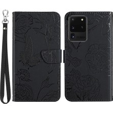 Seashell Digital Samsung Galaxy S20 Ultra Pu Deri Kelebek Çiçek Deseni Için Baskılı Cüzdan Kılıfı Stand Iç Tpu Cilt Touch Duygu Kapağı Strap-Black (Yurt Dışından)