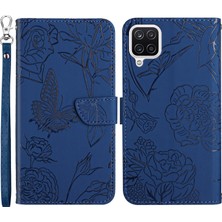 Seashell Digital Samsung Galaxy Için M12/A12 4g Cilt Touch Hisses Pu Deri Cep Telefon Kılıf Çantası Kelebek Çiçek Deseni Baskılı Flip Cüzdan Telefon Kapağı Bilek Kayış Mavisi (Yurt Dışından)