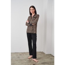 Pjs 24511 Kadın Leopar Desenli Düğmeli Pijama Takım
