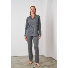 Pjs 24521 Kadın Düğmeli Çizgili Pijama Takım