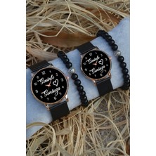Stony Siyah Rose Gold Hasır Çift Seninle Sonsuza Saat ve Bileklik Hediyeli Sevgili Çift Saatleri