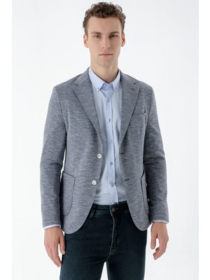 Morven Erkek Indigo Petra Poliviskon Desenli Örme Slim Fit Ceket