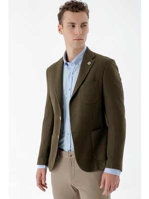 Morven Erkek Haki Dokuma Slim Fit Torba Cep Mono Yaka Spor Ceket