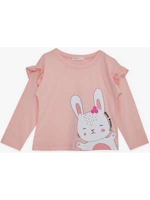 Breeze Kız Çocuk Uzun Kollu Tişört Sevimli Tavşancık Baskılı Omzu Fırfırlı 1-4 Yaş, Pembe