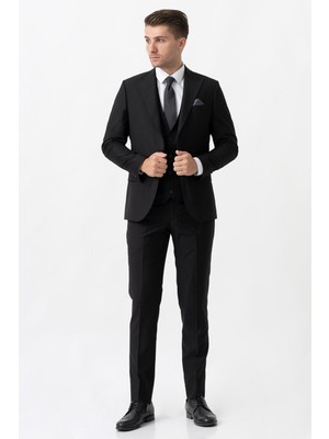 White Stone Siyah Slim Fit Kalıp Yelekli Esnek Likralı Kapaklı Cepli Takım Elbise