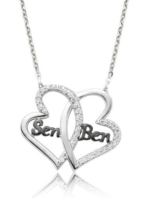 Mevafa 925 Ayar Gümüş Kalpli Sen Ben Kadın Gümüş Kolye