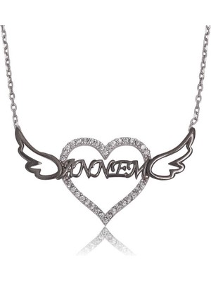 Mevafa 925 Ayar Gümüş Annem Yazılı Kalp Kadın Gümüş Kolye