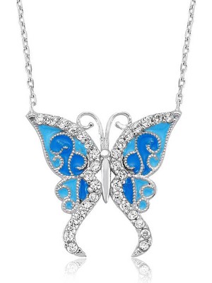 Mevafa 925 Ayar Gümüş Mavi Kelebek Kadın Gümüş Kolye