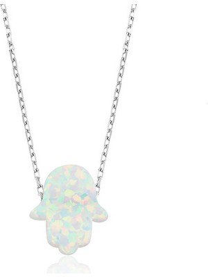 Mevafa 925 Ayar Gümüş Beyaz Opal Fatma Ana Eli Kadın Gümüş Kolye