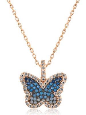 Mevafa 925 Ayar Gümüş Mavi Kelebek Kadın Gümüş Kolye