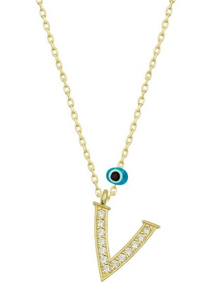 Mevafa 925 Ayar Gümüş Nazar Gold V Harfi Kadın Gümüş Kolye