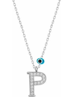 Mevafa 925 Ayar Gümüş Nazar Rodyum P Harfi Kadın Gümüş Kolye