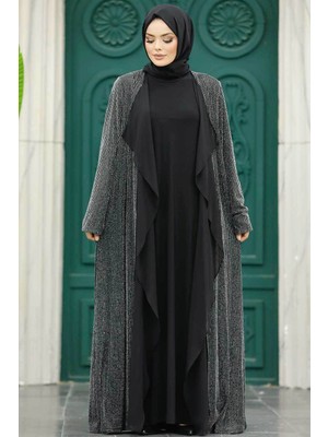 Neva Style Simli Gümüş Tesettür Abaya 10714GMS