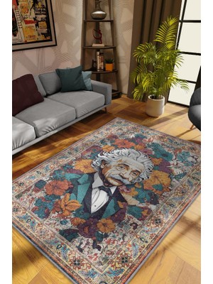 Homshtag Albert Einstein,Modern Çiçek Desenli Art Deco Vintage Halı,Çok Renkli Maksimalist Halı