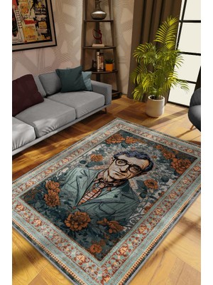 Homshtag Woody Allen ,Modern Çiçek Desenli Art Deco Vintage Halı,Çok Renkli Maksimalist Halı