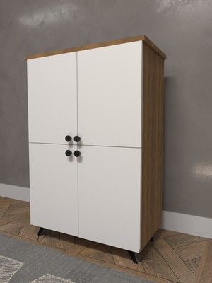 Dekoratif  Ahşap-Beyaz 4 Kapaklı Ayakkabılık