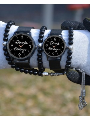 Stony Çift Saatleri Siyah Hasır Seninle Sonsuza Kadın Erkek  Bileklik Sevgili Kombini Hediyesi