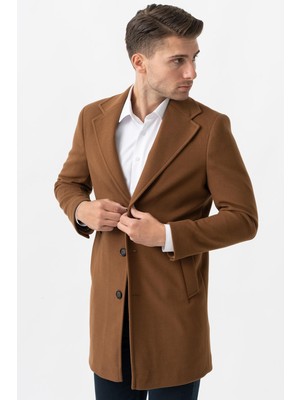 White Stone Ancona 4025-2 Düz Ceket Yaka Slim Fit Pamuklu Kaban Camel