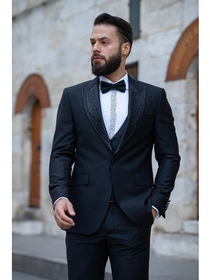 Salihtarzz Damatlık Smokin Yelekli İtalyan Kesim Slim Fit Siyah Taşlı SD3454