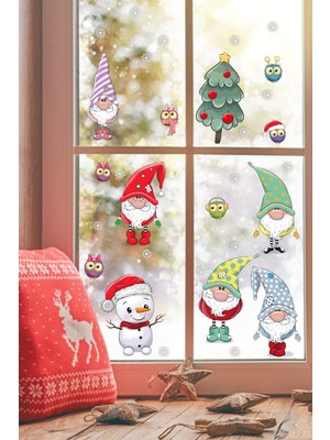 Echo Home Yılbaşı Sticker Noel Cüceler Baykuş Kardan Adam ve Kartaneleri Pencere Sticker