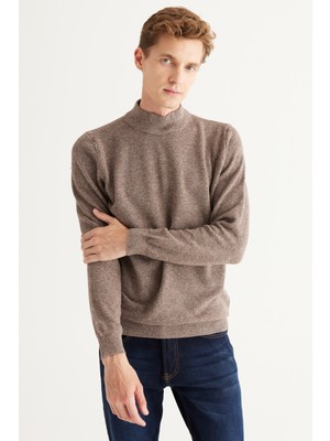 Altınyıldız Classics Erkek Kahve-ekru Standart Fit Normal Kesim Yarım Balıkçı Yaka Pamuklu Jakarlı Triko Kazak