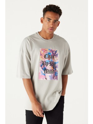 Altınyıldız Classics Erkek Gri Oversize Bol Kesim Bisiklet Yaka %100 Pamuk Baskılı Tişört