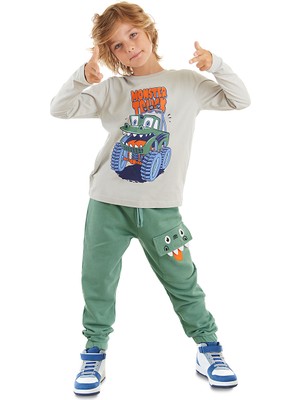 Denokids Canavar Kamyon Erkek Çocuk Gri T-Shirt Haki Pantolon Takım
