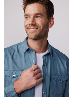 Tudors Slim Fit Uzun Kol Çift Cep Çıtçıtlı Denim Petrol Rengi Erkek Gömlek