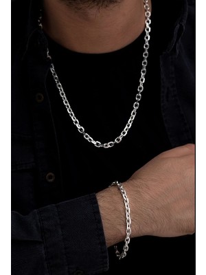 Vogutima Erkek Gümüş Kolye ve Erkek Gümüş Bileklik Set - 5mm Forse Model Erkek Gümüş Set